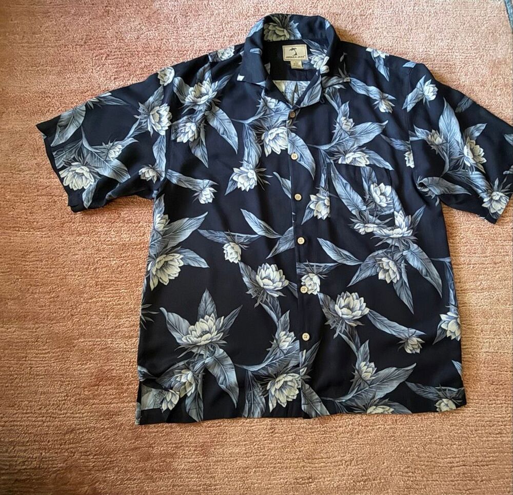 Jamaica Jaxx 100% Silk Floral Hawaiian Shirt Men’s L Navy Blue